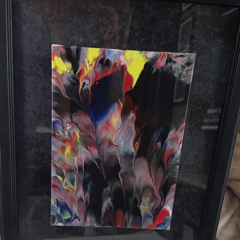 Original Abstract Fluid Art Print in Black, Red, Yellow, Blue